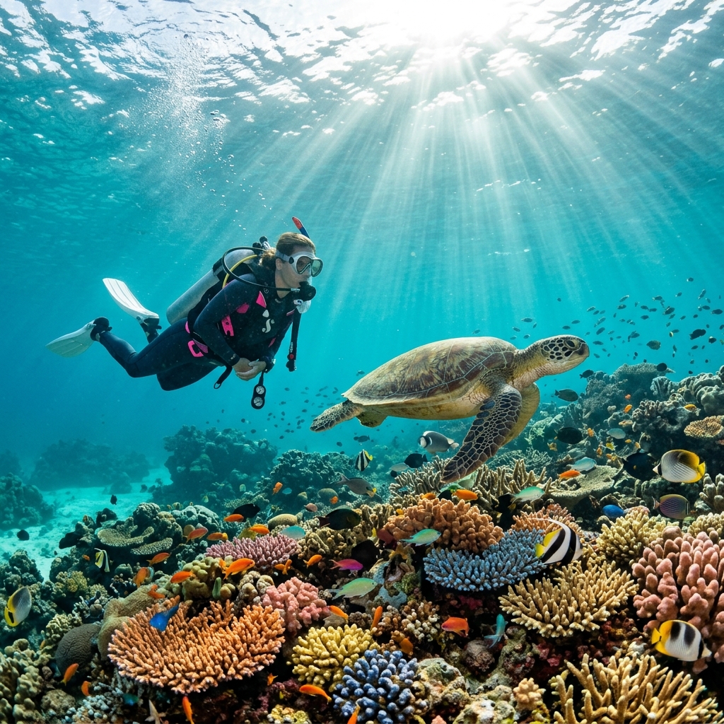 Scuba divers exploring deep ocean reef